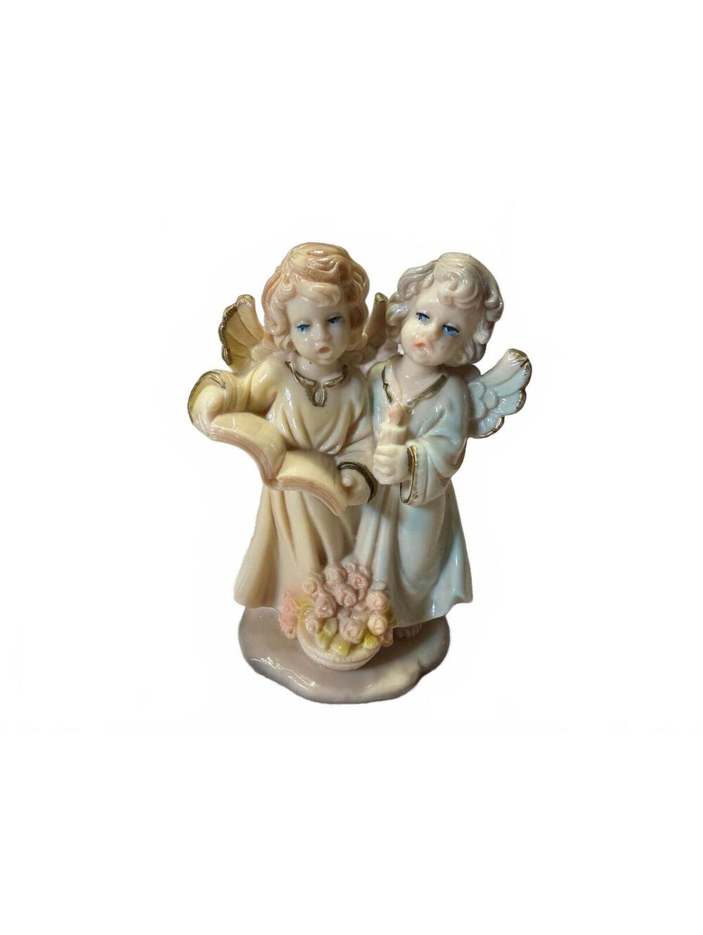 FIGURINE Vintage Italian 2 Angel Figurine with Book flowers and Candle